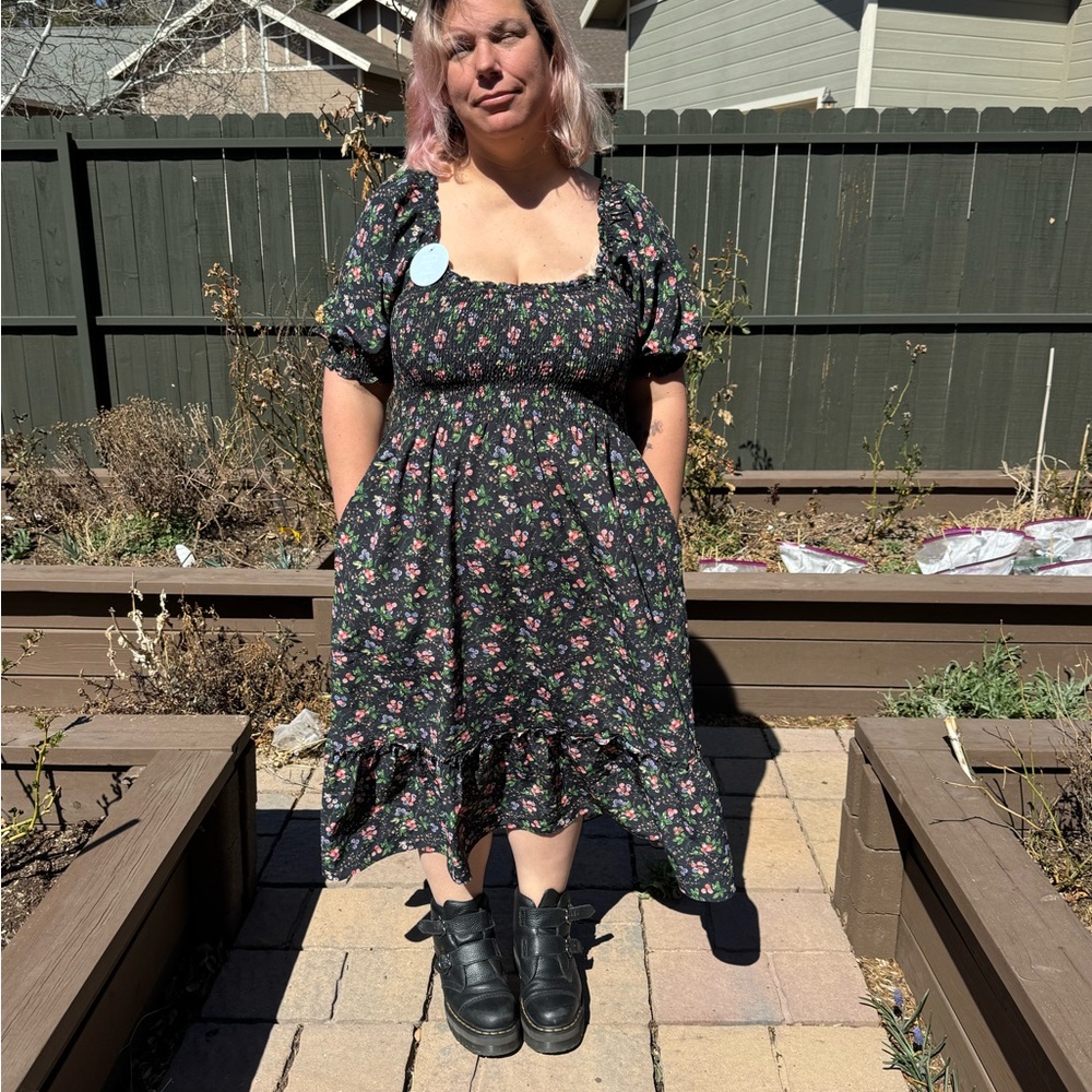 Hill House Black Floral Midi Dress with Pink & Green Accents